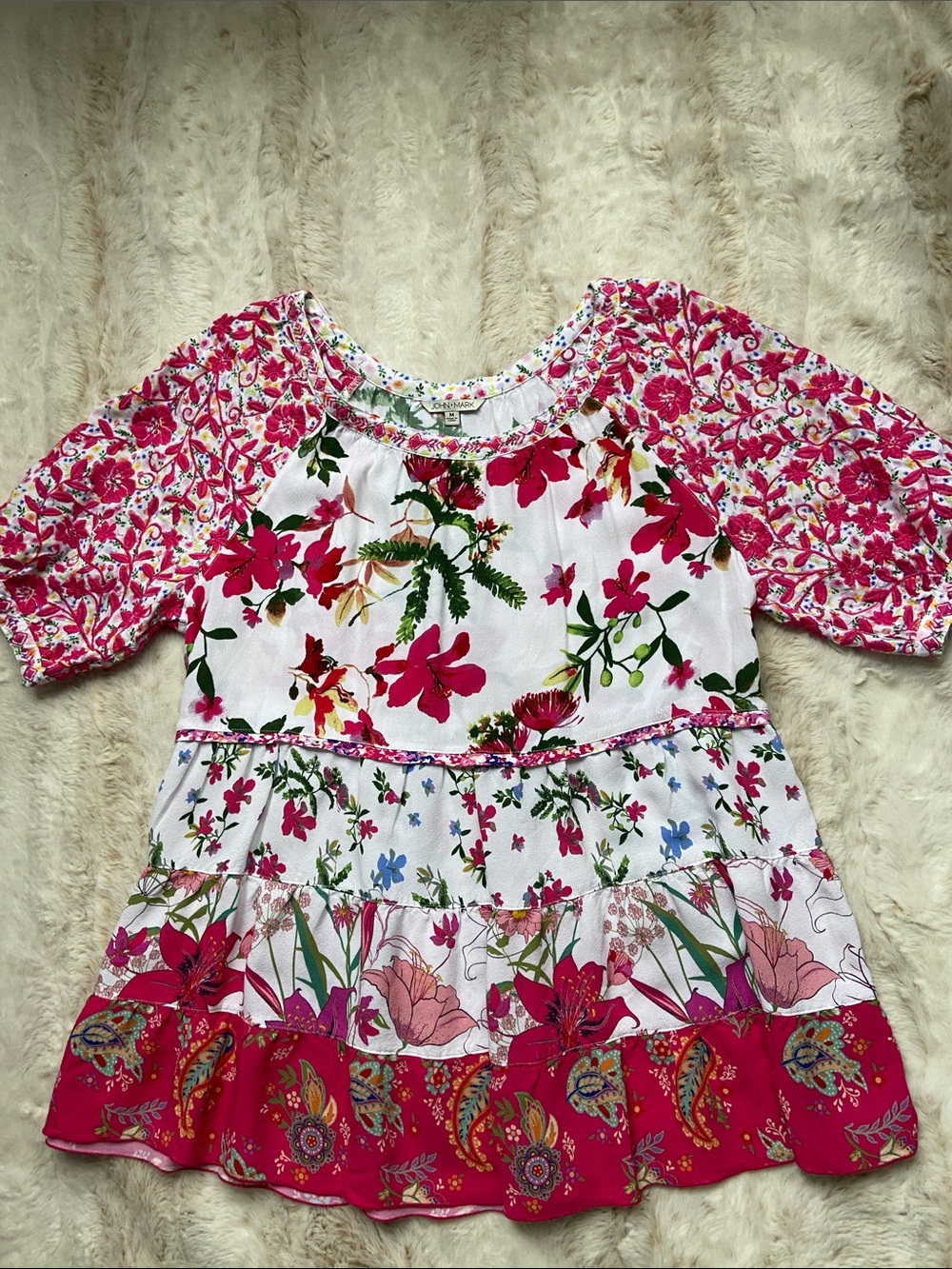 John Mark Floral Tiered Dress in White with Multicolor Blooms
